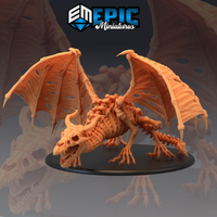 Skeletal dragon miniature in a low, aggressive crouch — jaw wide open, wings spread wide with torn and holed membranes, ribs and vertebrae fully exposed, long clawed tail extended behind. Knotted growths cluster around the neck and shoulders. Sculpt by Epic Miniatures.