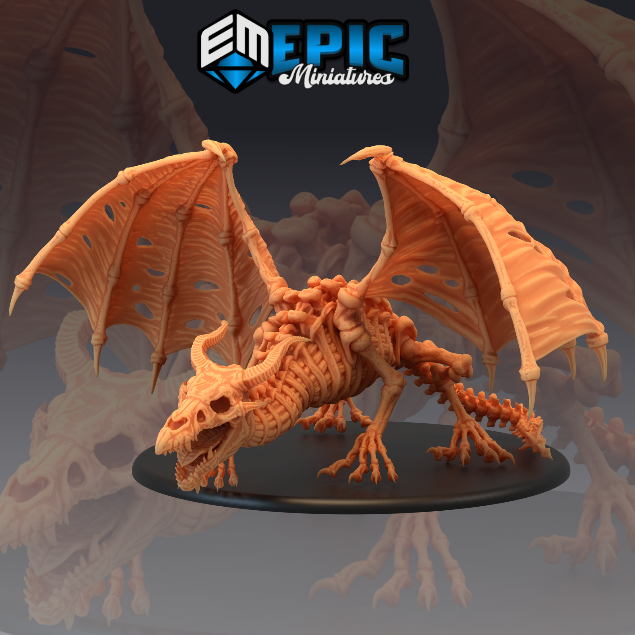 Skeletal dragon miniature in a low, aggressive crouch — jaw wide open, wings spread wide with torn and holed membranes, ribs and vertebrae fully exposed, long clawed tail extended behind. Knotted growths cluster around the neck and shoulders. Sculpt by Epic Miniatures.