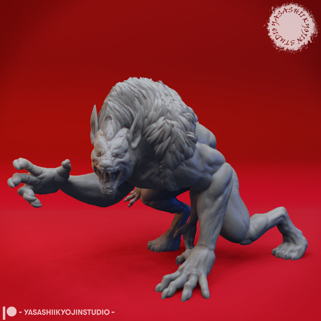 Unpainted grey resin Draegloth miniature in a lunging pose, one arm outstretched with claws spread wide, jaws open, dense fur mane visible across shoulders and head, viewed from the front-left angle