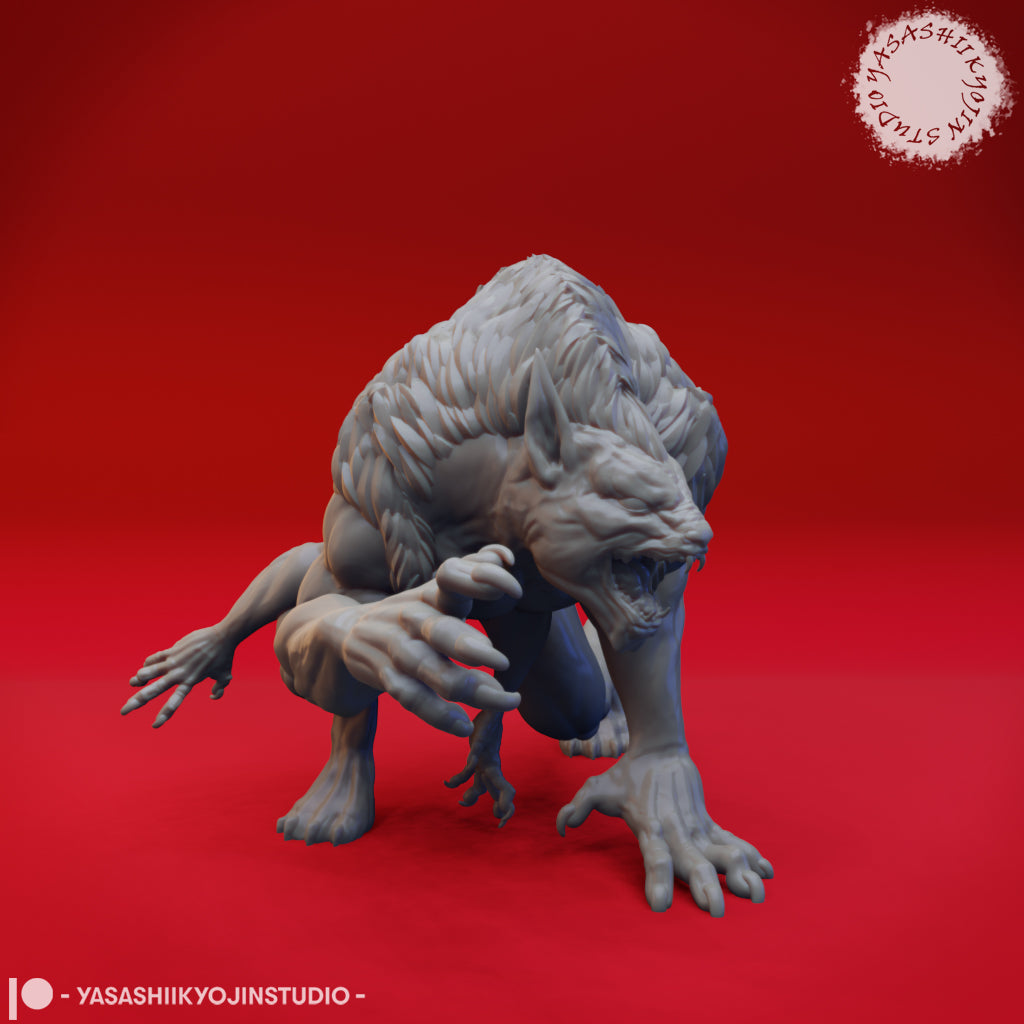 Unpainted grey resin Draegloth miniature in a hunched crouch, both front arms reaching forward with splayed claws, wolfish head lowered and snarling, viewed from a front-facing angle