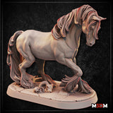 Heavily muscled draft horse striding forward, head lowered, mane and feathering rendered in thick flowing ropes, one hoof resting over a ram skull on a cracked earth scenic base. Sculpt by Mia Kay M3DM.
