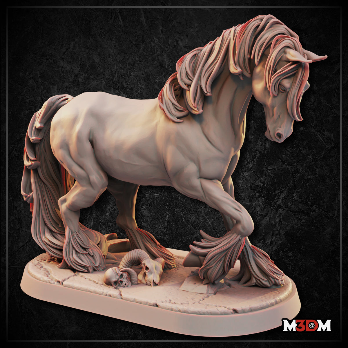 Heavily muscled draft horse striding forward, head lowered, mane and feathering rendered in thick flowing ropes, one hoof resting over a ram skull on a cracked earth scenic base. Sculpt by Mia Kay M3DM.