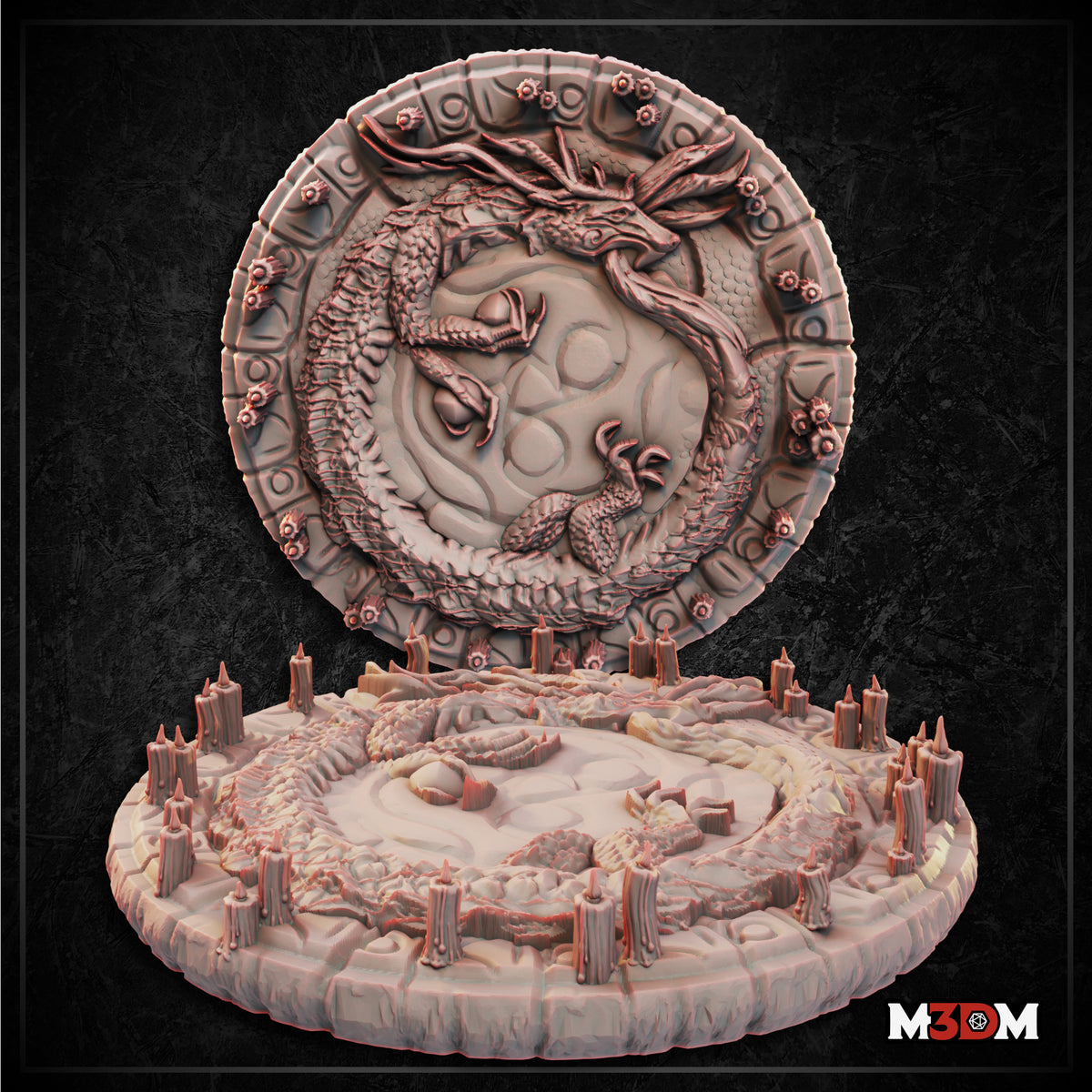 Dragon Summoning Circle by Mia Kay M3DM — two-piece set showing a large circular disc with a coiling dragon in high relief at centre, surrounded by carved glyph border, displayed alongside a round dais base ringed with stone stumps and rocky outcroppings.
