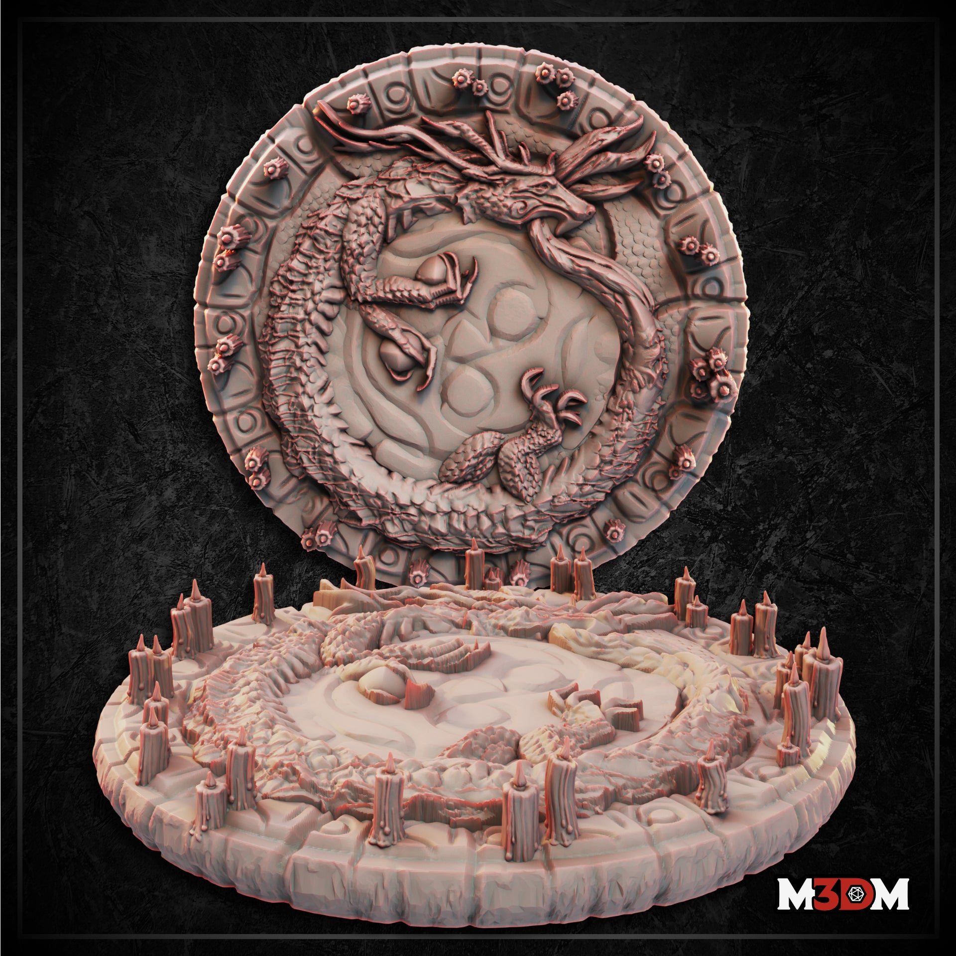 Dragon Summoning Circle by Mia Kay M3DM — two-piece set showing a large circular disc with a coiling dragon in high relief at centre, surrounded by carved glyph border, displayed alongside a round dais base ringed with stone stumps and rocky outcroppings.