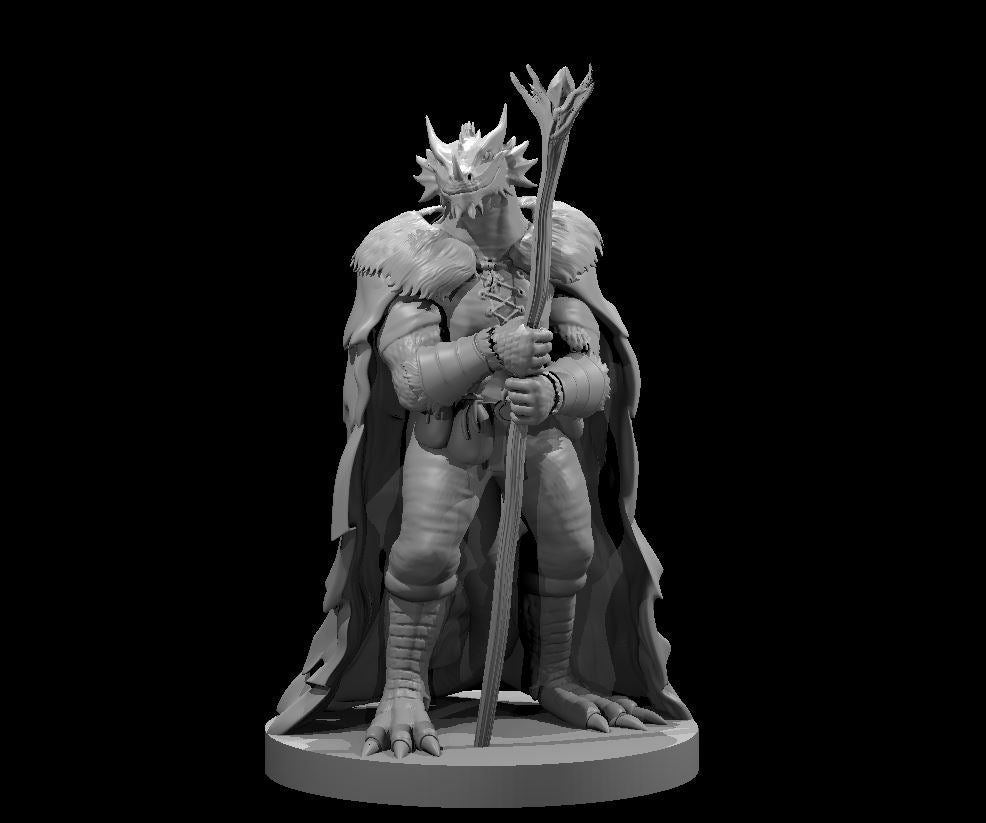 Grey resin digital render of a Dragonborn Druid miniature at 32mm scale — an upright figure in a fur-trimmed cloak gripping a tall gnarled staff with both clawed hands, wearing a horned dragon skull mask and scaled leg armour, mounted on a round base