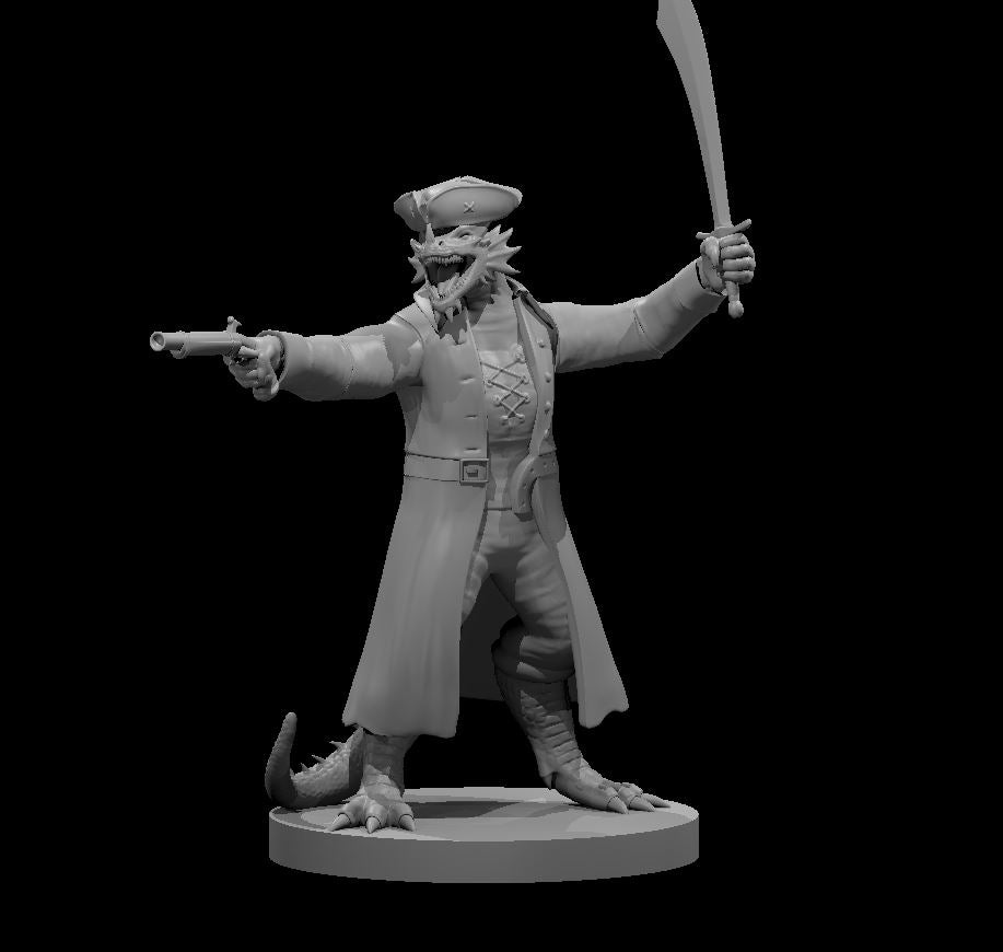 Unpainted grey resin digital render of a Dragonborn Pirate Captain miniature at 32mm scale — a broad-shouldered draconic figure in a long coat and tricorn hat, levelling a flintlock pistol with one hand and brandishing a cutlass overhead with the other, standing on a plain round base