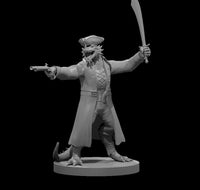 Unpainted grey resin digital render of a Dragonborn Pirate Captain miniature at 32mm scale — a broad-shouldered draconic figure in a long coat and tricorn hat, levelling a flintlock pistol with one hand and brandishing a cutlass overhead with the other, standing on a plain round base
