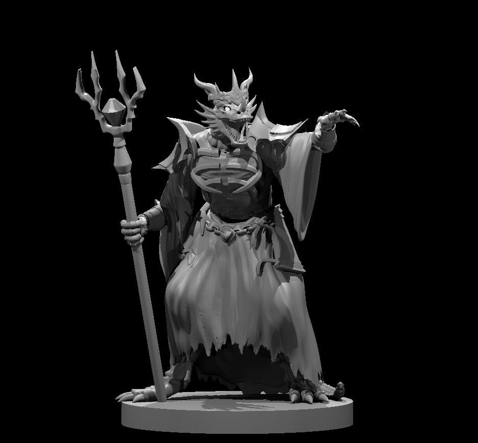 Dragonborn Lich miniature by MZ4250 — robed draconic undead figure gripping a tall trident-staff, one clawed hand raised, wearing scaled chest armour and a heavy chain belt, with swept-back horns and fanged open jaws.