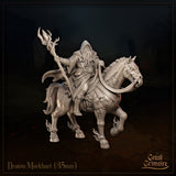 Draven Morkhart 35mm resin miniature render — three-quarter front view showing hooded dark sorcerer with long beard mounted on a demonic horned horse with fanged jaws, flame-wreathed hooves, and sigil-marked flanks; rider holds a tall branching staff aloft