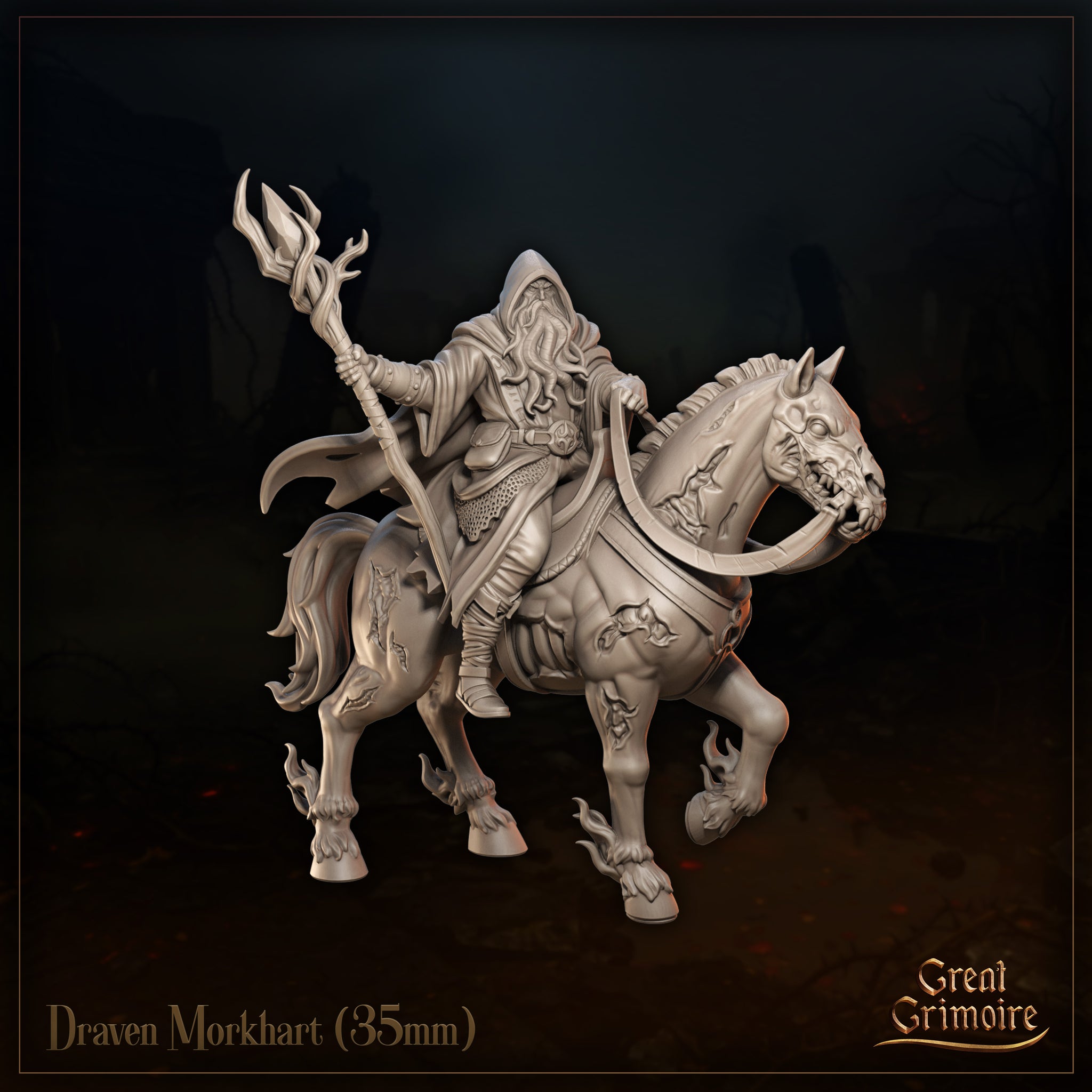 Draven Morkhart 35mm resin miniature render — three-quarter front view showing hooded dark sorcerer with long beard mounted on a demonic horned horse with fanged jaws, flame-wreathed hooves, and sigil-marked flanks; rider holds a tall branching staff aloft