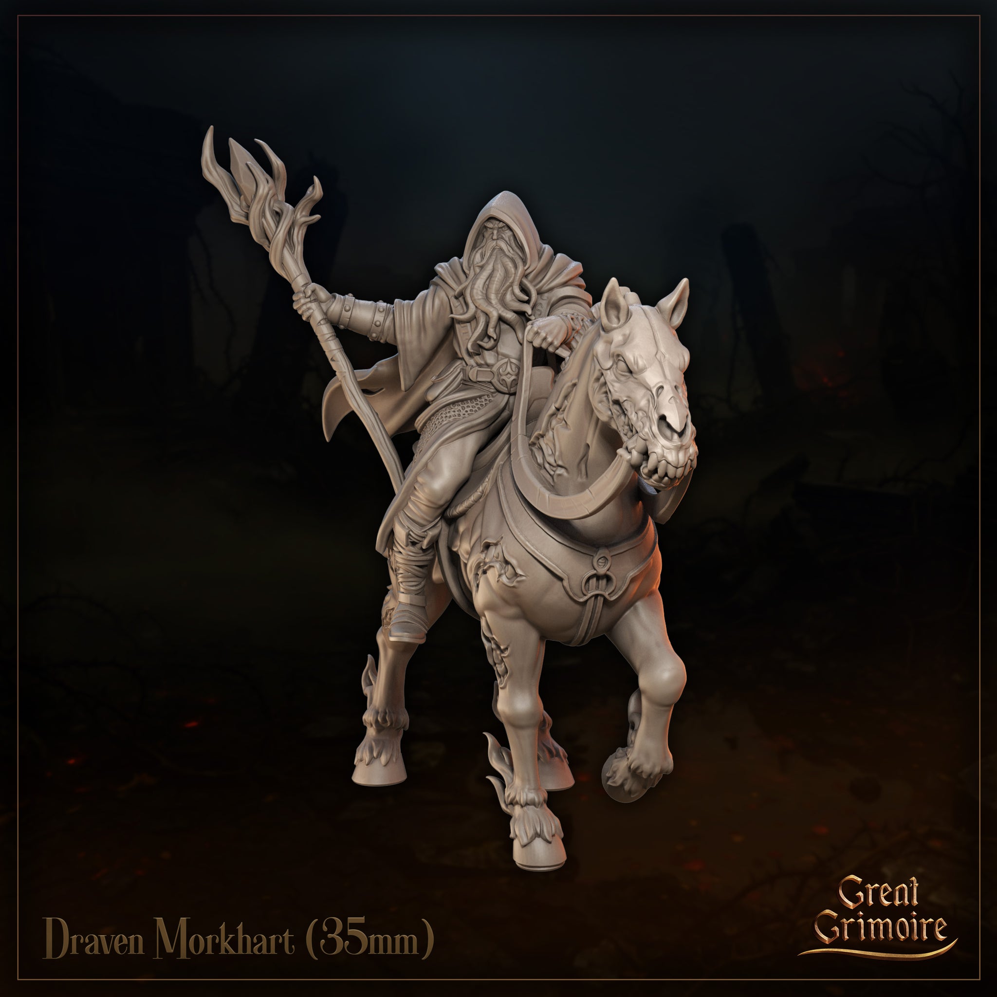 Draven Morkhart 35mm resin miniature render — front-facing view highlighting the sorcerer's deep hood, flowing beard, chainmail beneath robes, and the demonically corrupted mount's snarling fanged face and bony brow
