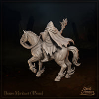 Draven Morkhart 35mm resin miniature render — rear three-quarter view showing the full sweep of the rider's billowing cloak, the ornate saddle barding detail, sigil carvings on the mount's haunches, and the twisted staff raised behind