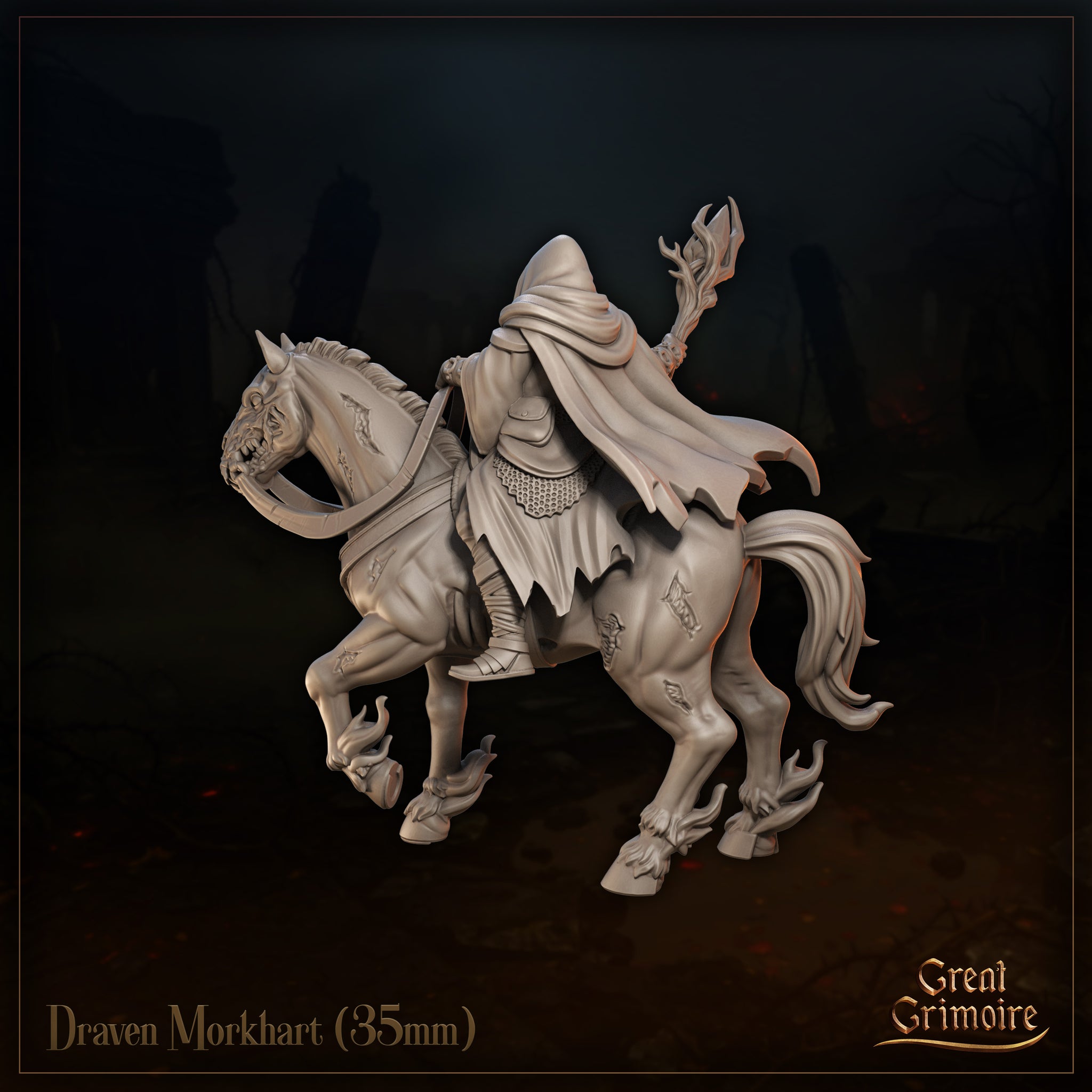 Draven Morkhart 35mm resin miniature render — rear three-quarter view showing the full sweep of the rider's billowing cloak, the ornate saddle barding detail, sigil carvings on the mount's haunches, and the twisted staff raised behind