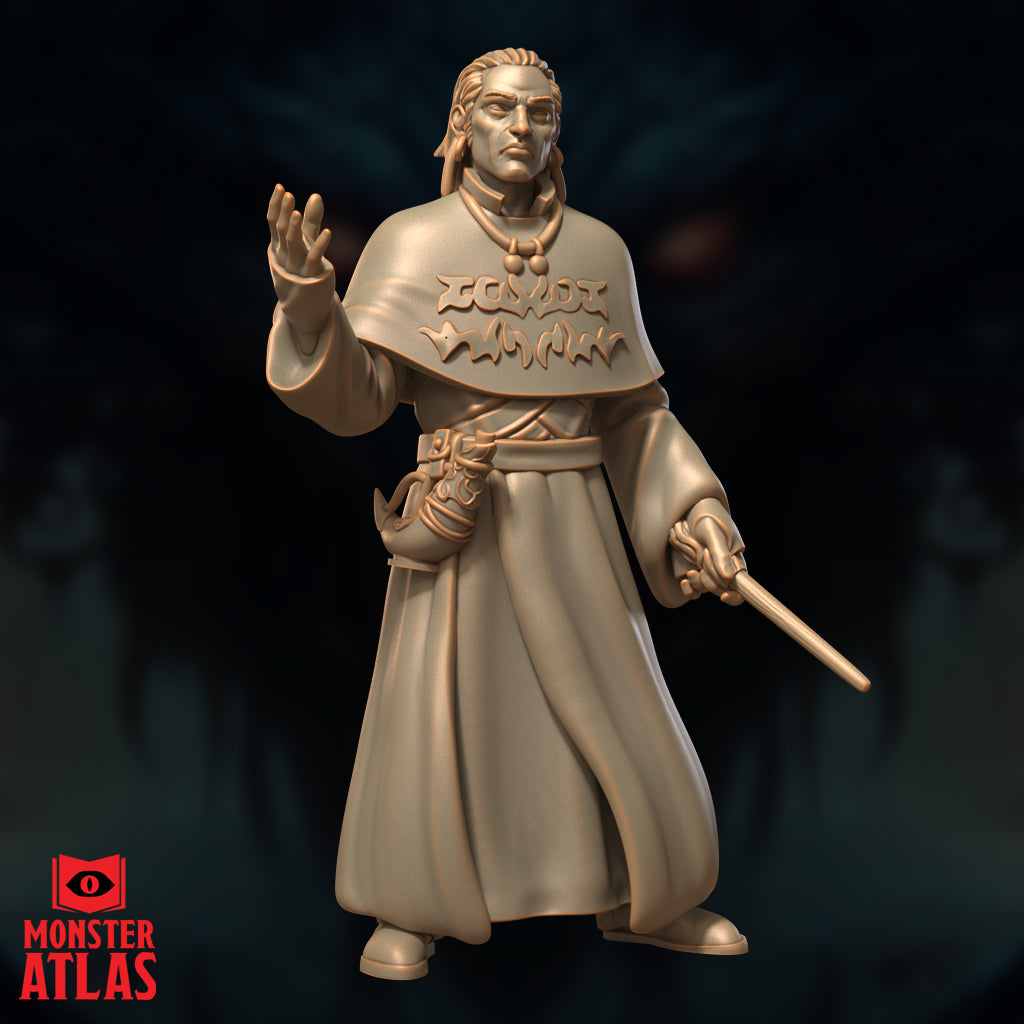 Robed male spellcaster standing upright, right hand raised palm-out at chest height, left hand holding a slender wand. Wide embossed runic cape over long flowing robes with belted pouch. Sculpt by Monster Atlas.