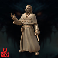Male archmage figure with shoulder-length hair, left hand raised with fingers spread, right hand holding a short wand low at his side. Triple-bead collar clasp visible on embossed runic shoulder cape. Sculpt by Monster Atlas.