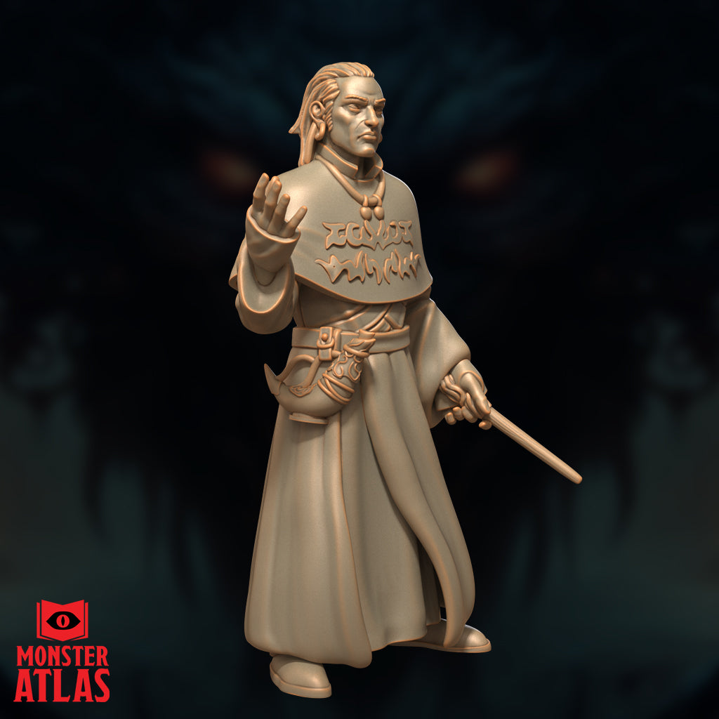 Three-quarter view of a robed male mage, right hand raised in a halting gesture, left hand gripping a wand behind him. Detailed runic embossing across wide cape, belted robe with hanging cord and pouch at waist. Sculpt by Monster Atlas.
