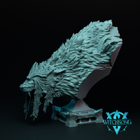 Digital render of the Dreadhound Bust miniature by Witchsong Miniatures, shown in teal-grey resin. A massive wolf-like beast head is mounted on a sculpted stone plinth, head lowered aggressively with layered fur, raised quills along the spine, and ragged tufts beneath the jaw. Viewed from a three-quarter angle against a dark background.