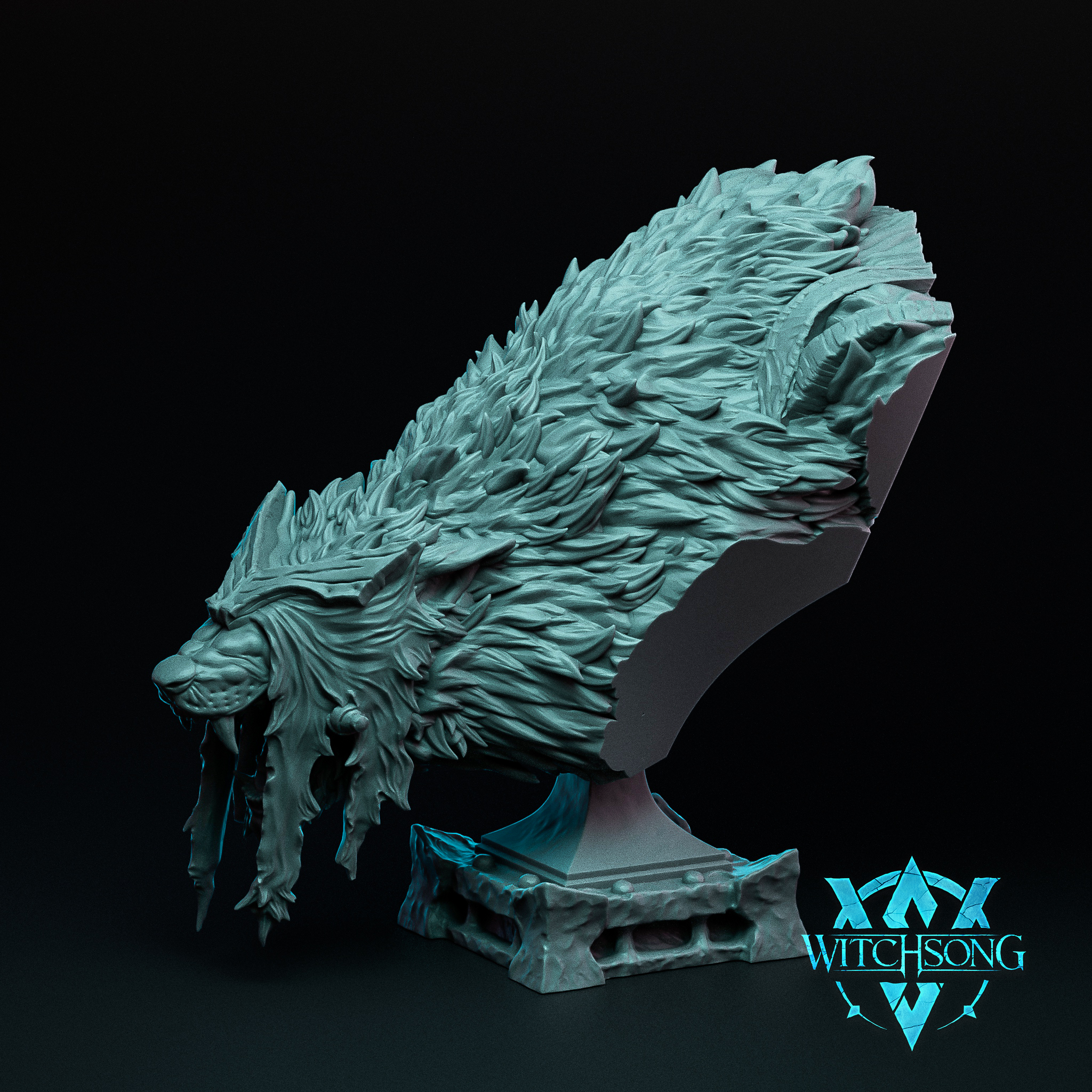 Digital render of the Dreadhound Bust miniature by Witchsong Miniatures, shown in teal-grey resin. A massive wolf-like beast head is mounted on a sculpted stone plinth, head lowered aggressively with layered fur, raised quills along the spine, and ragged tufts beneath the jaw. Viewed from a three-quarter angle against a dark background.