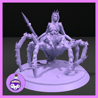 Unpainted grey resin digital render of a Drider miniature by Ella's Arcanum Minis — a crowned female drow figure with long hair and spiked armour rising from a giant spider body, holding a long spear, mounted on a rubble-textured round base, 32mm scale
