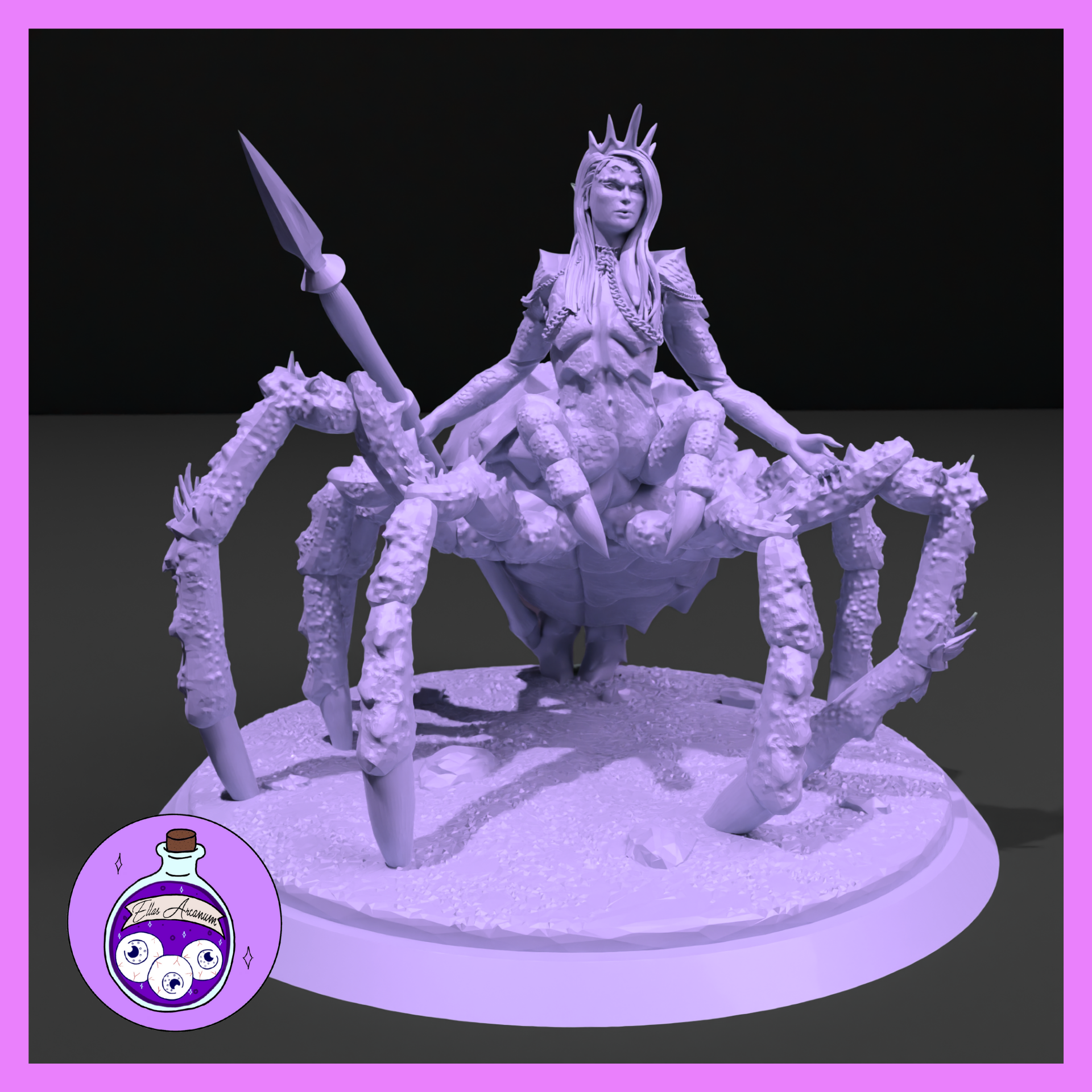 Unpainted grey resin digital render of a Drider miniature by Ella's Arcanum Minis — a crowned female drow figure with long hair and spiked armour rising from a giant spider body, holding a long spear, mounted on a rubble-textured round base, 32mm scale