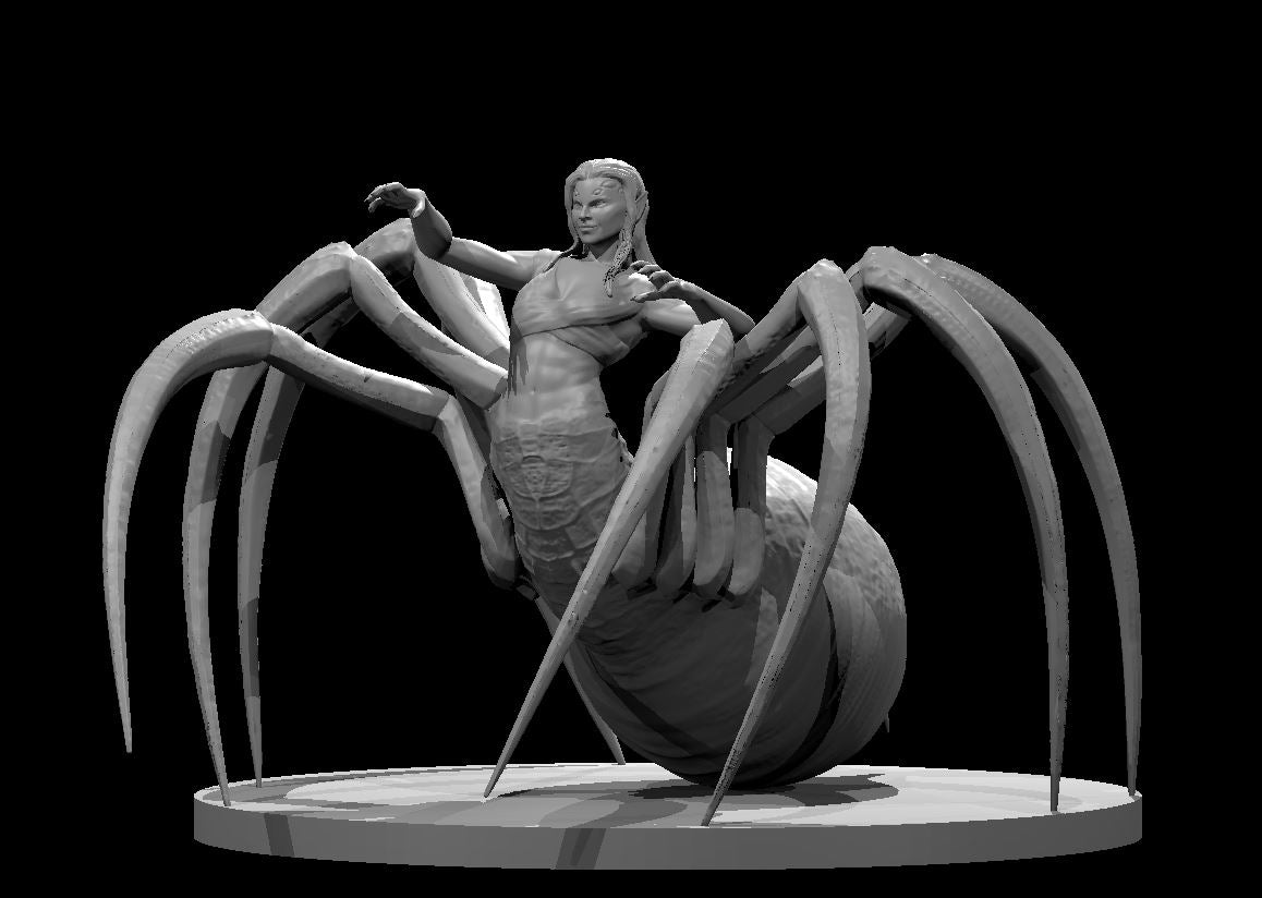 Grey resin digital render of a female Drider miniature at 32mm scale — a composed female torso with outstretched arms rises from a large spider abdomen, with eight curved blade-tipped legs spread wide across a flat circular base, viewed from a front three-quarter angle