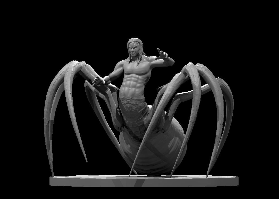Grey resin digital render of a male drider miniature at 32mm scale — muscular dark elf upper body with long hair and one hand raised in a commanding gesture, merging into a large spider abdomen with eight curved blade-like legs, mounted on a flat oval base