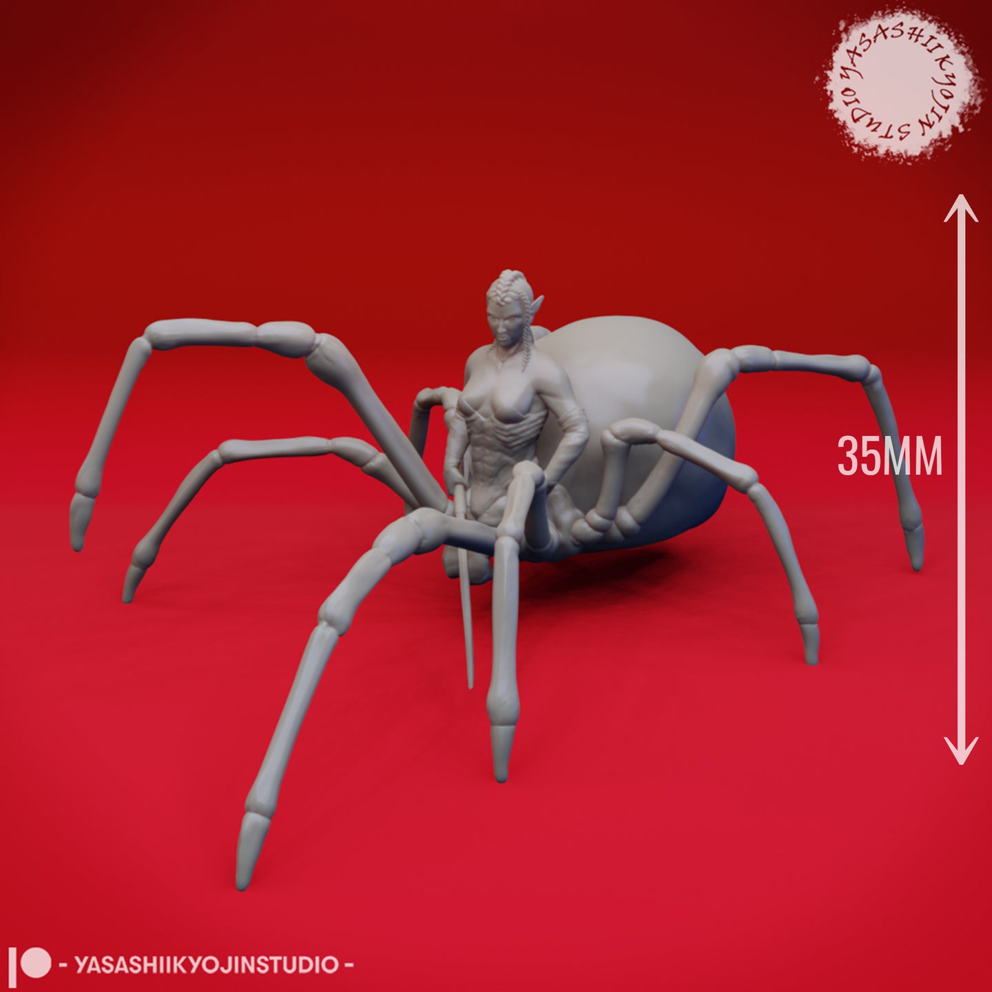 Unpainted grey resin drider miniature by Yasashii Kyojin Studio with a 35mm scale reference arrow indicating the model's height, showing the full spider body and elven torso in a three-quarter front view against a red background