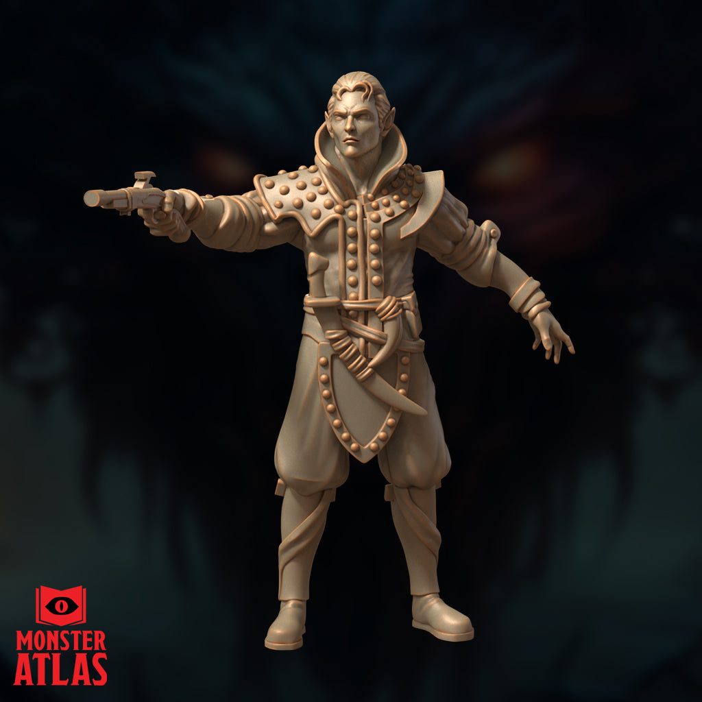 Front-facing digital render of an unpainted Drow Gunslinger miniature in a long studded coat, right arm extended holding a flintlock pistol, left arm trailing at his side, sharp elven features and swept-back hair, 32mm scale