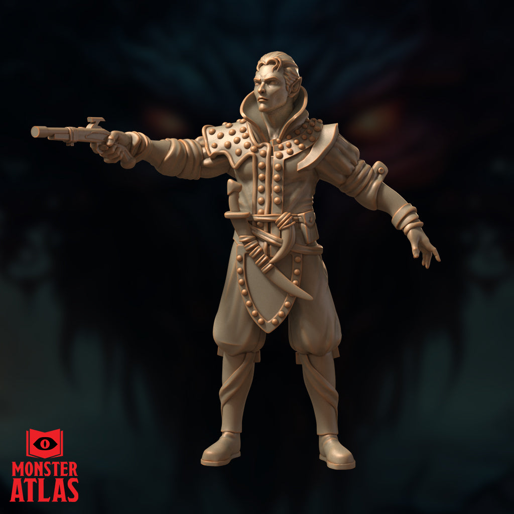 Three-quarter front view digital render of the Drow Gunslinger miniature showing the studded lapels, flintlock pistol aimed forward, layered coat detailing, and pointed ears, unpainted warm beige resin finish