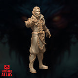 Three-quarter side-angle digital render of the Drow Gunslinger miniature highlighting the studded coat texture, extended pistol arm, and composed expression, unpainted 32mm tabletop miniature by Monster Atlas