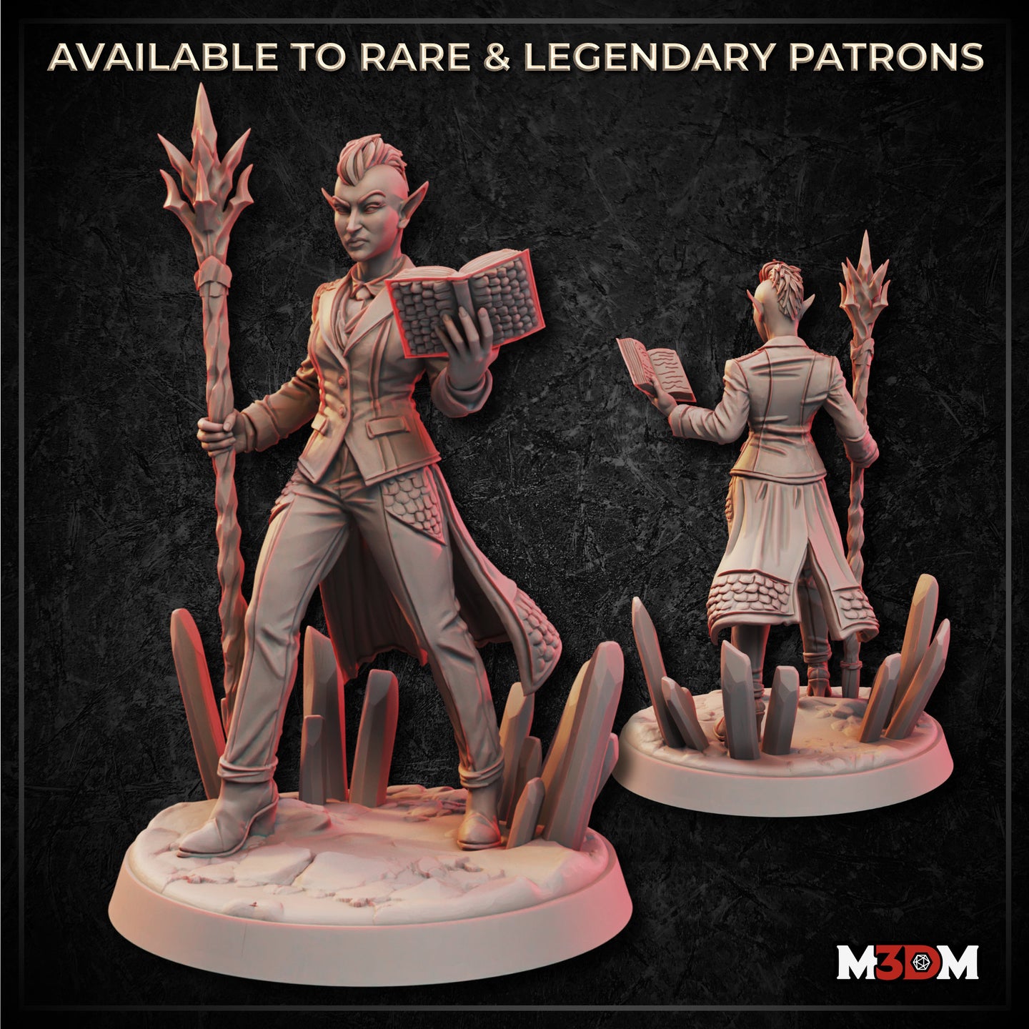 Digital render showing front and back views of an unpainted drow sorceress miniature — she holds a spiked staff in one hand and an open dragon-scale spellbook in the other, wearing a tailored coat with scaled hem details, standing on a crystal scatter base