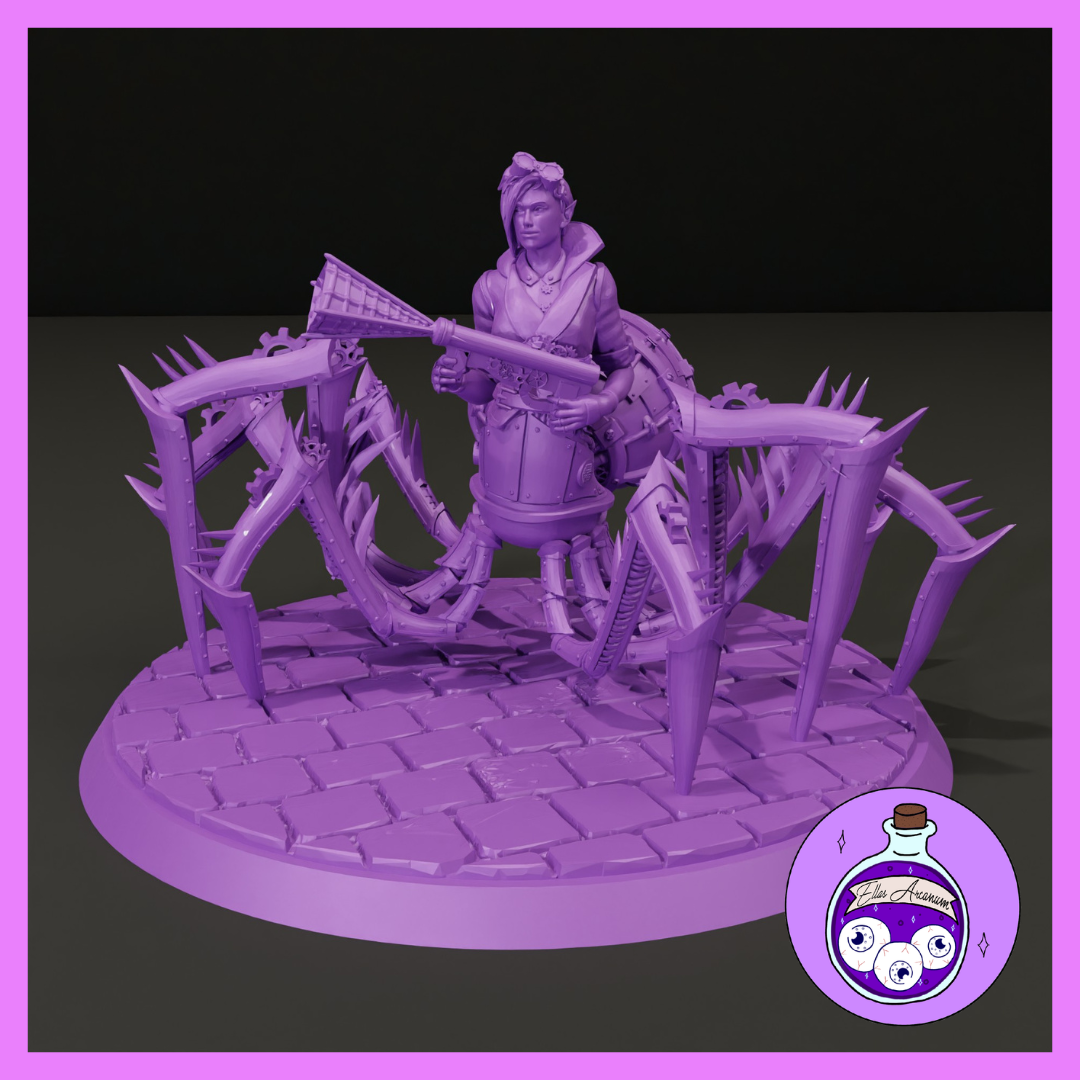 Digital render of a gnome Battle Smith miniature seated in a spiked mechanical spider walker chassis, holding a flared-barrel arcane cannon, wearing goggle-adorned armour, on a cobblestone base — printed in purple resin at 32mm scale by Mitz & Simz