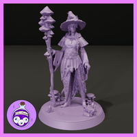 Unpainted grey resin digital render of a female Drow spore druid miniature at 32mm scale, standing confidently with a tall mushroom-topped staff in her left hand, wearing a wide-brimmed witch's hat decorated with a small toadstool, a capelet, corset, and tattered scale-textured leggings, with a sculpted base scattered with mushrooms and crystal clusters. Ella's Arcanum Minis logo visible in the lower left corner.