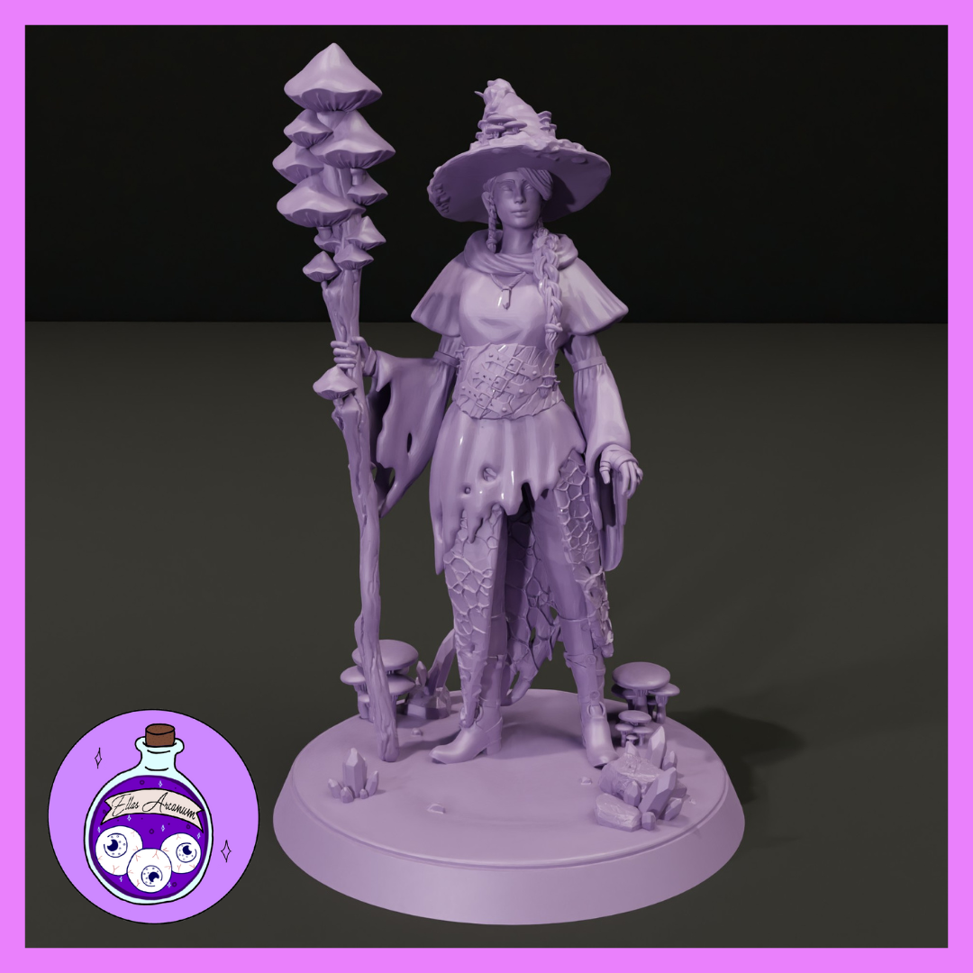 Unpainted grey resin digital render of a female Drow spore druid miniature at 32mm scale, standing confidently with a tall mushroom-topped staff in her left hand, wearing a wide-brimmed witch's hat decorated with a small toadstool, a capelet, corset, and tattered scale-textured leggings, with a sculpted base scattered with mushrooms and crystal clusters. Ella's Arcanum Minis logo visible in the lower left corner.