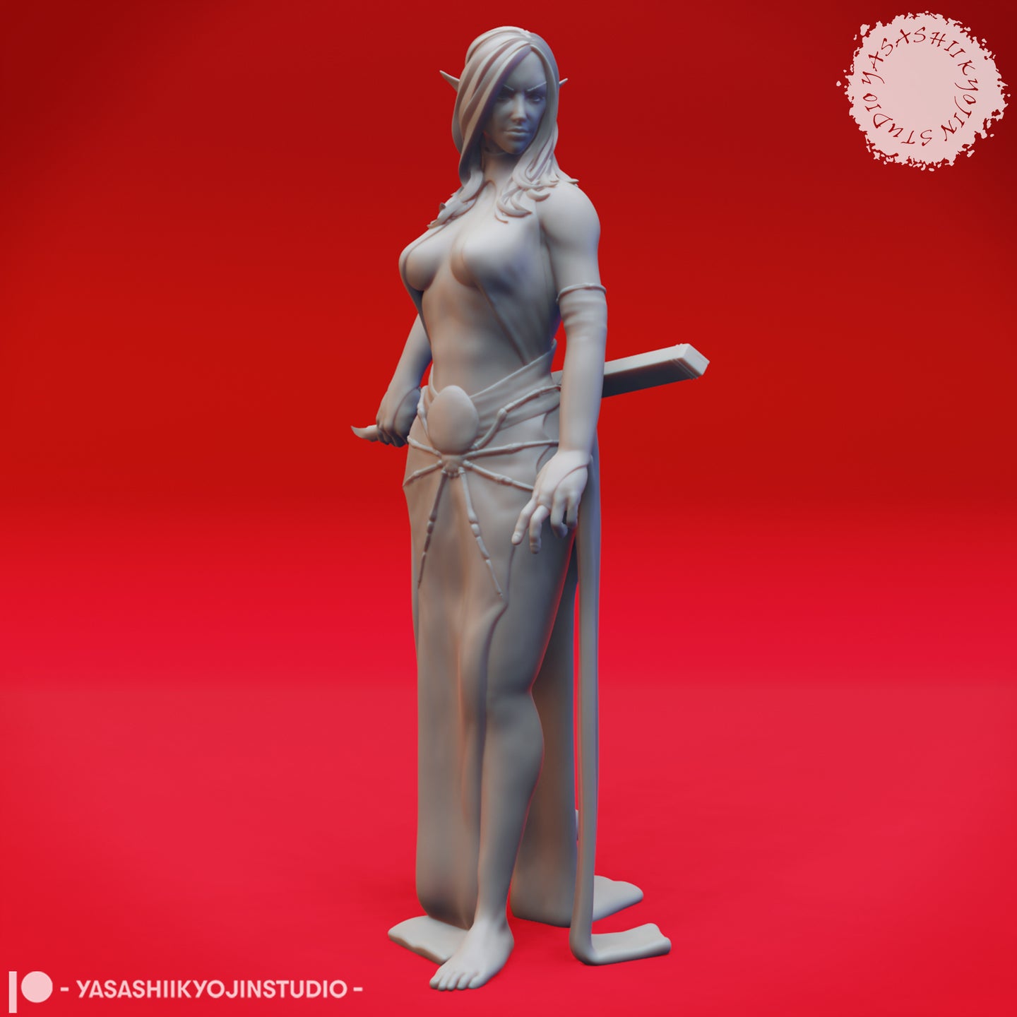 Front view of an unpainted grey resin drow miniature by Yasashii Kyojin Studios — a barefoot female dark elf warrior in minimal wrappings, holding a greatsword at her side with a hand axe at her hip, featuring sharp elven ears and a bone-bead necklace