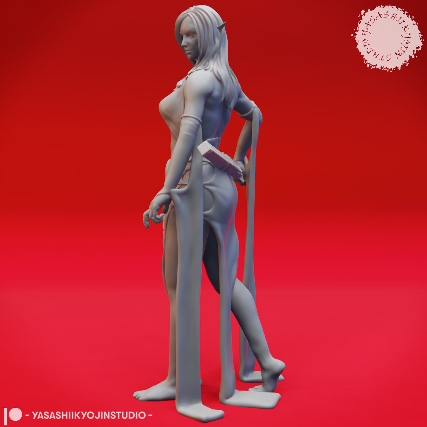 Side profile view of the unpainted drow miniature showing her long flowing hair, hand axe held at her hip, and greatsword planted at her side — sculpted by Yasashii Kyojin Studios at 32mm scale