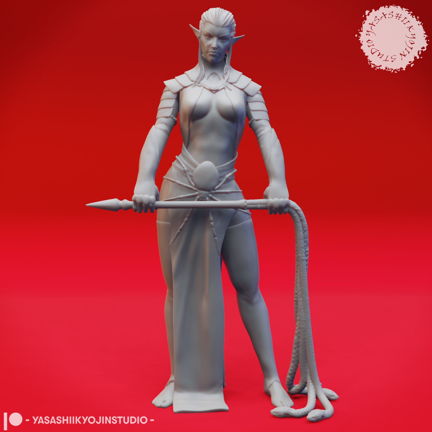 Front view of an unpainted grey resin drow warrior miniature at 32mm scale, holding a long spear horizontally with both hands, wearing segmented pauldrons and a braided sash with a large orb, a tentacle whip trailing from her right hand, silver hair slicked back — sculpted by Yasashii Kyojin Studios