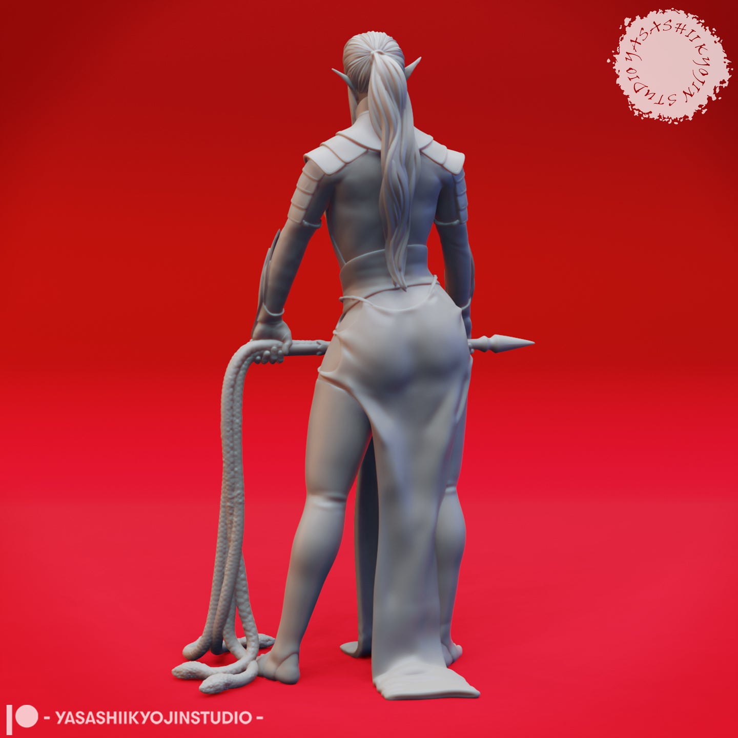 Rear view of the same unpainted grey resin drow warrior miniature, showing long silver hair falling loose down her back, segmented shoulder armour, and the tentacle whip coiling down from her right hand to the base