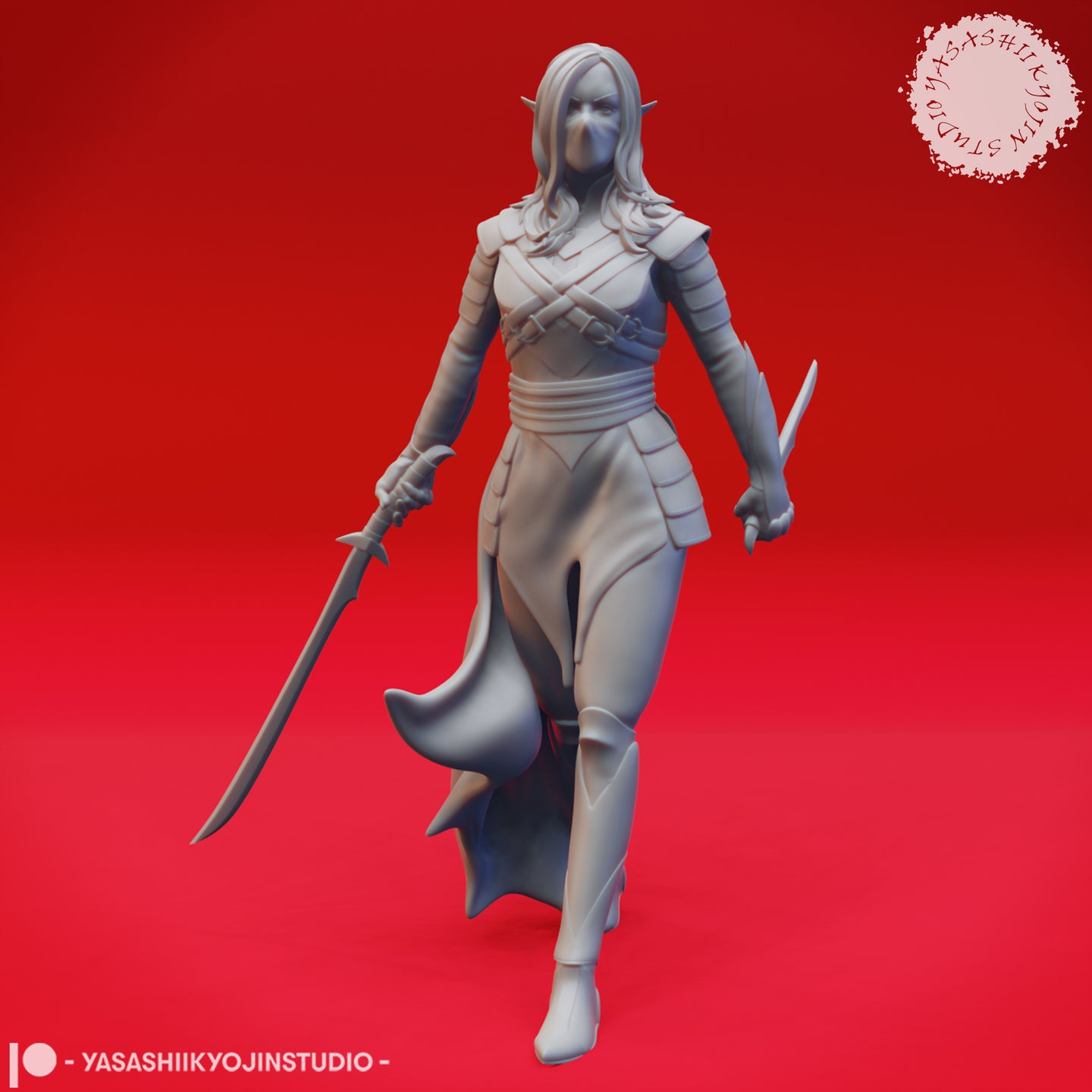 Front view of an unpainted grey resin 3D printed drow elf miniature holding a longsword in her left hand and a short blade in her right, wearing a mask, cross-wrapped chest armour, shoulder guards, and a flowing split coat, striding forward — by Yasashii Kyojin Studios