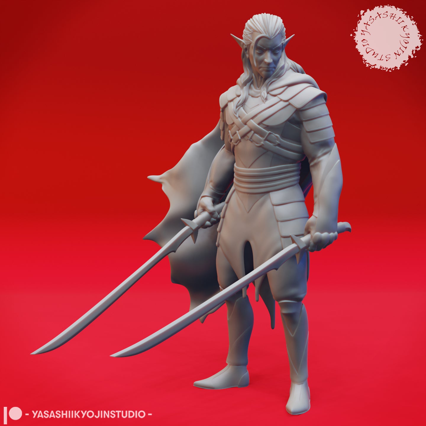 Front view of an unpainted grey resin digital render of a drow dark elf miniature — a white-haired male elf in layered shoulder armour and a wrapped torso sash, wielding two long curved swords held low and wide in a ready stance, with a flowing cape to his left side. Sculpted by Yasashii Kyojin Studio.