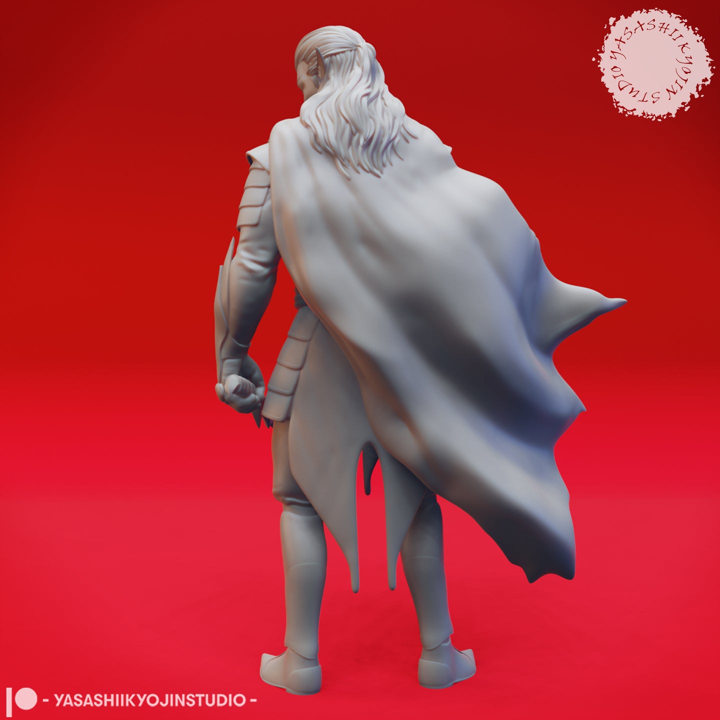 Rear view of an unpainted grey resin digital render of the Drow 04 miniature, showing a large billowing cape with deep fabric folds and wind-caught edges, long white hair flowing down the back, and layered armour detail across the shoulders. Sculpted by Yasashii Kyojin Studio.