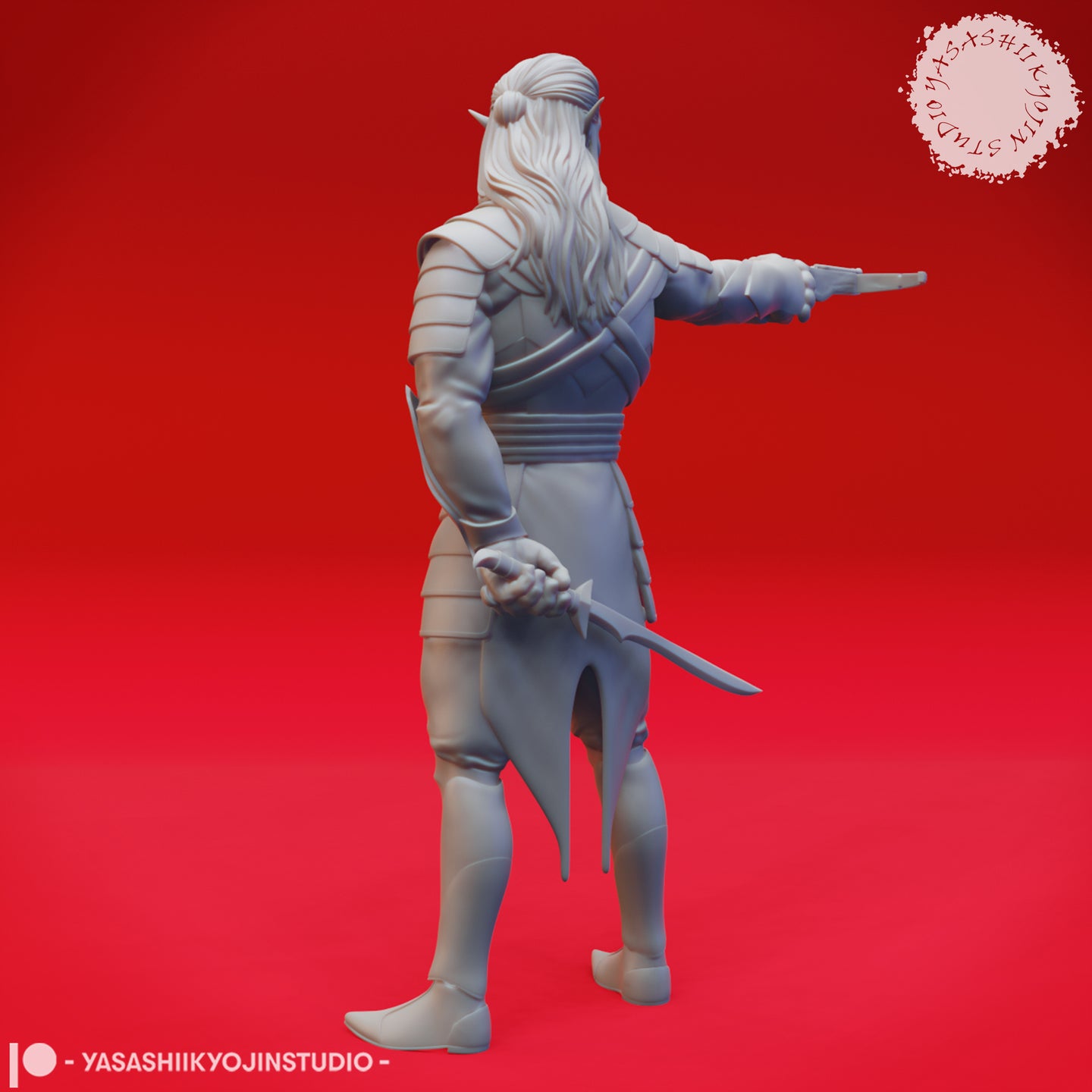 Rear three-quarter digital render of the same unpainted drow elf miniature, showing long flowing hair, back armour plating, sash wrap detail, and the hand crossbow extended in the left hand with a shortsword trailing at the right — Yasashii Kyojin Studios sculpt