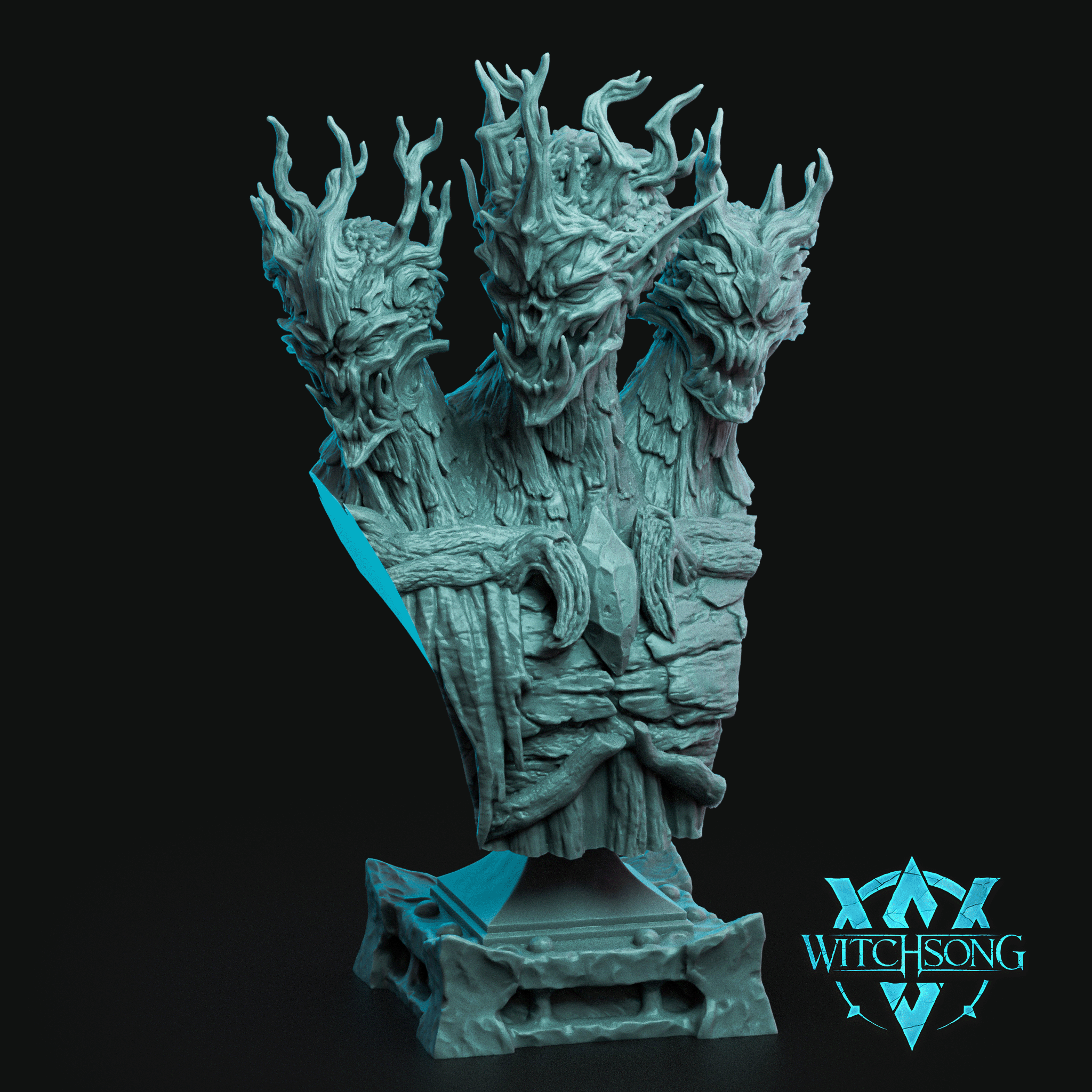 Digital render of the Dryad Kings Bust by Witchsong Miniatures — an unpainted cyan resin bust depicting a three-faced forest entity of gnarled bark and twisted wood, with branch-antler crowns, a central crystal shard at the chest, and a sculpted ceremonial base, shown against a black background