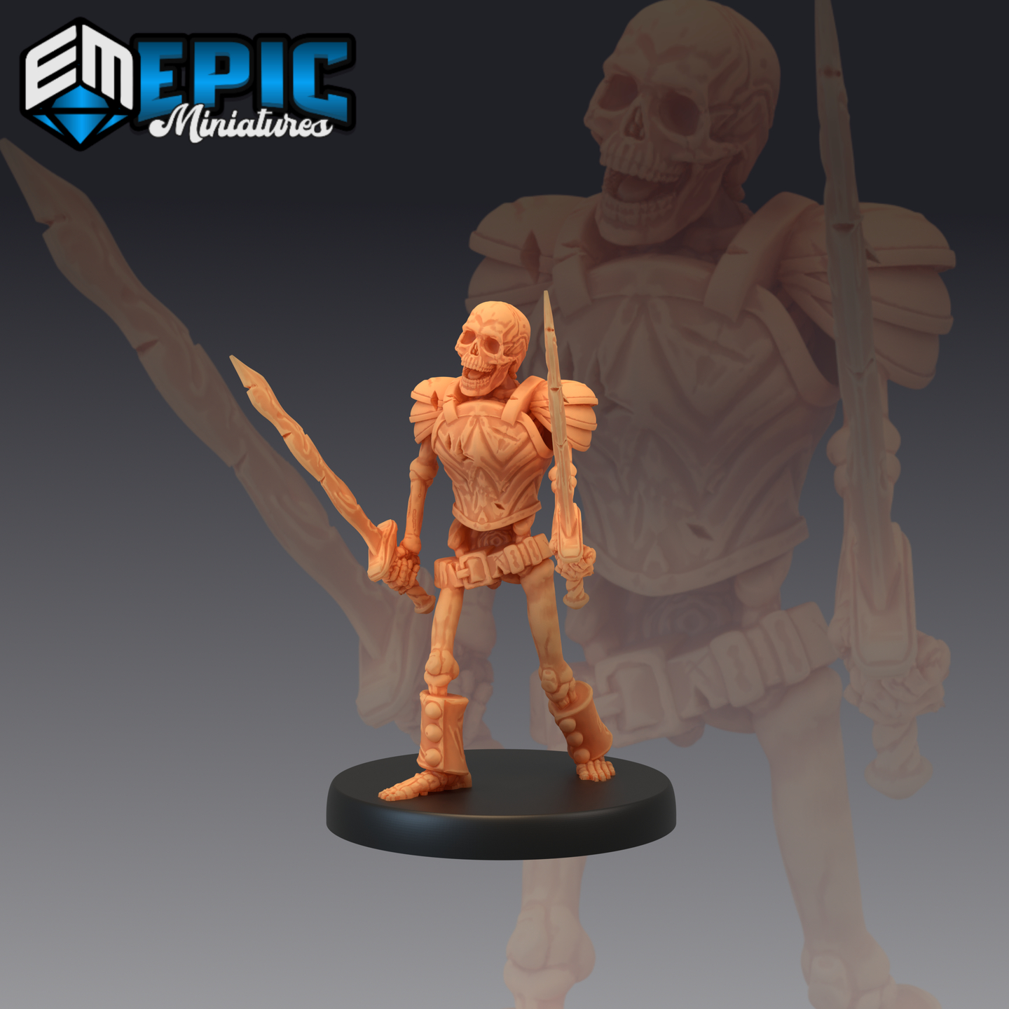 Armoured skeleton warrior standing in a wide combat stance, holding a long sword in each hand. Ornate pauldrons and a patterned chest plate cover the ribcage. Sculpt by Epic Miniatures.