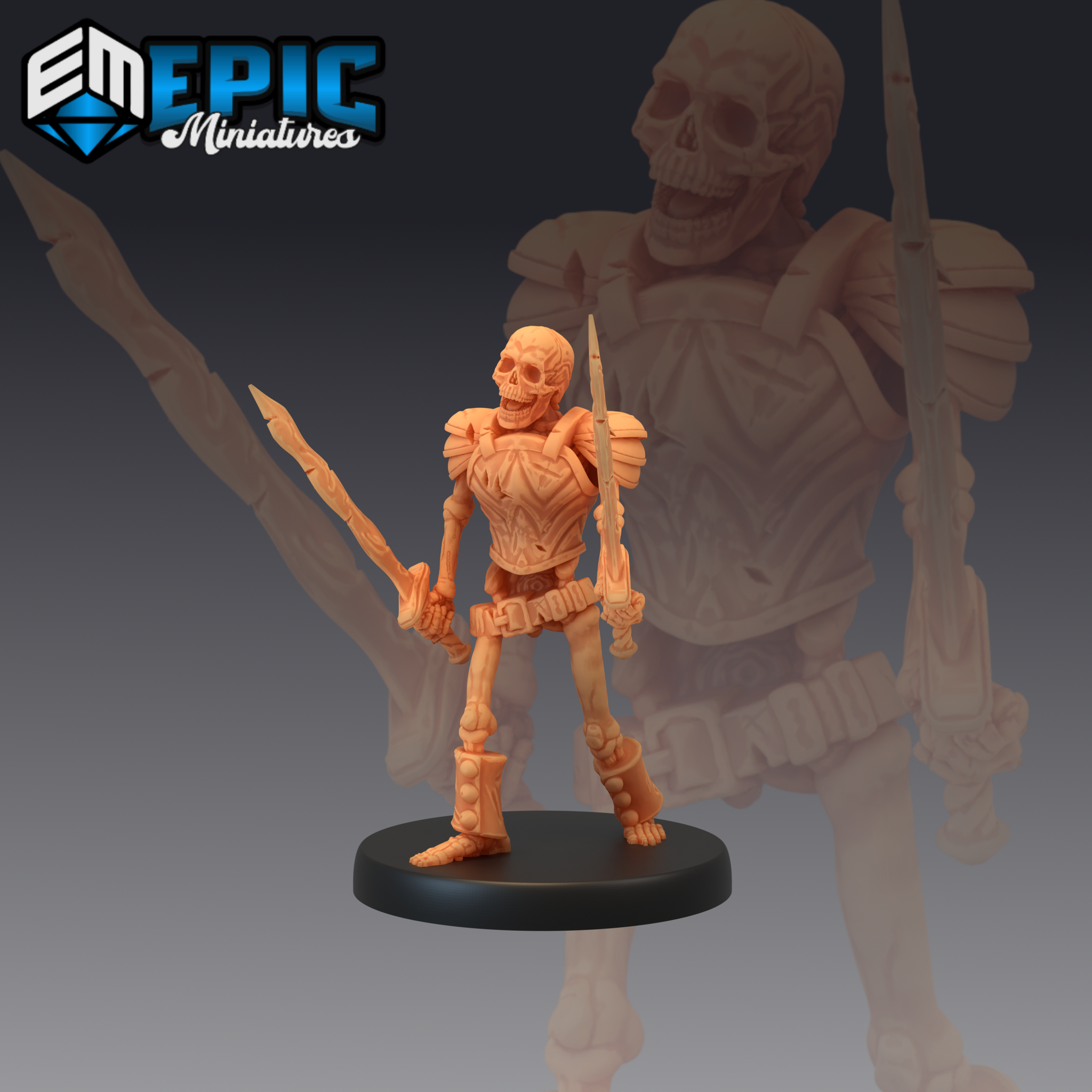 Armoured skeleton warrior standing in a wide combat stance, holding a long sword in each hand. Ornate pauldrons and a patterned chest plate cover the ribcage. Sculpt by Epic Miniatures.