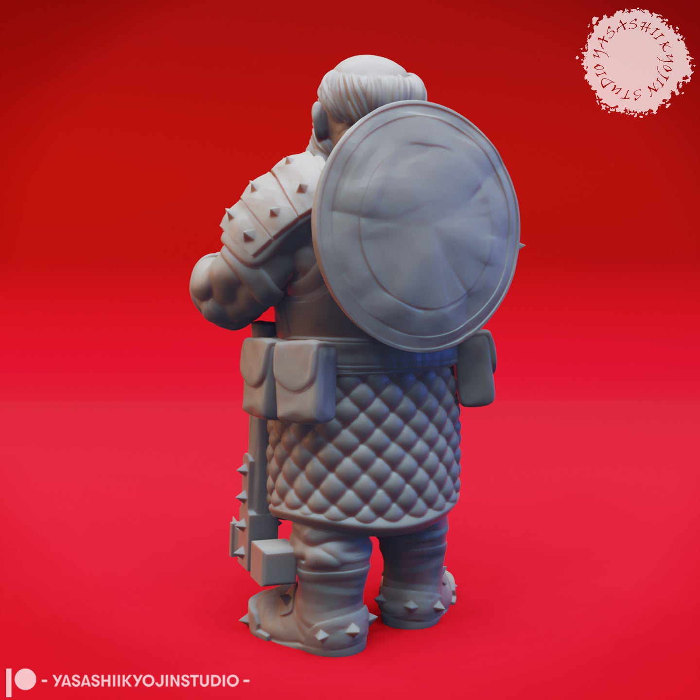 Rear view of the same unpainted grey resin Duergar miniature, showing a large round shield slung across his back, quilted armour detail, spiked sabatons, and belt pouches. Sculpted by Yasashii Kyojin Studio.