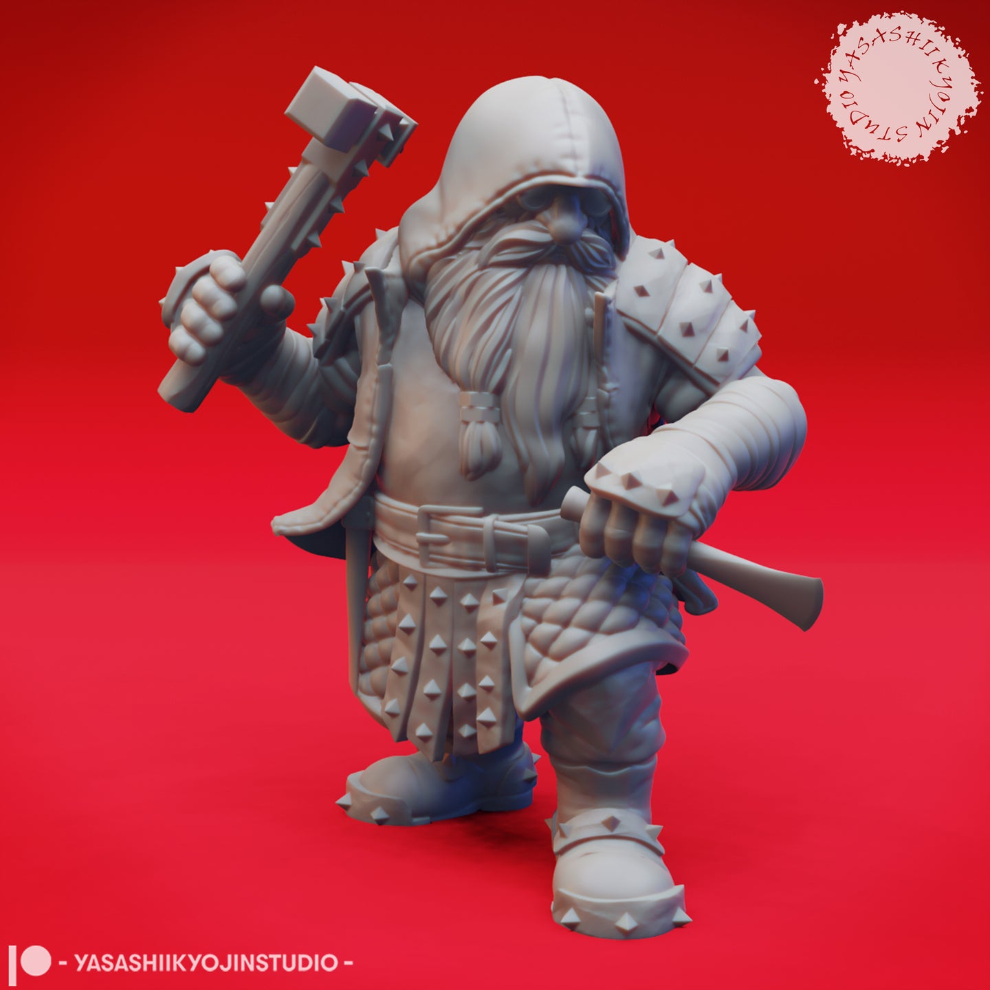 Front view of an unpainted grey resin Duergar warrior miniature, wearing a deep hood, spiked pauldrons and quilted armour, raising a flanged war hammer in his right hand and gripping a spiked club in his left, with a long-barrelled weapon slung across his back