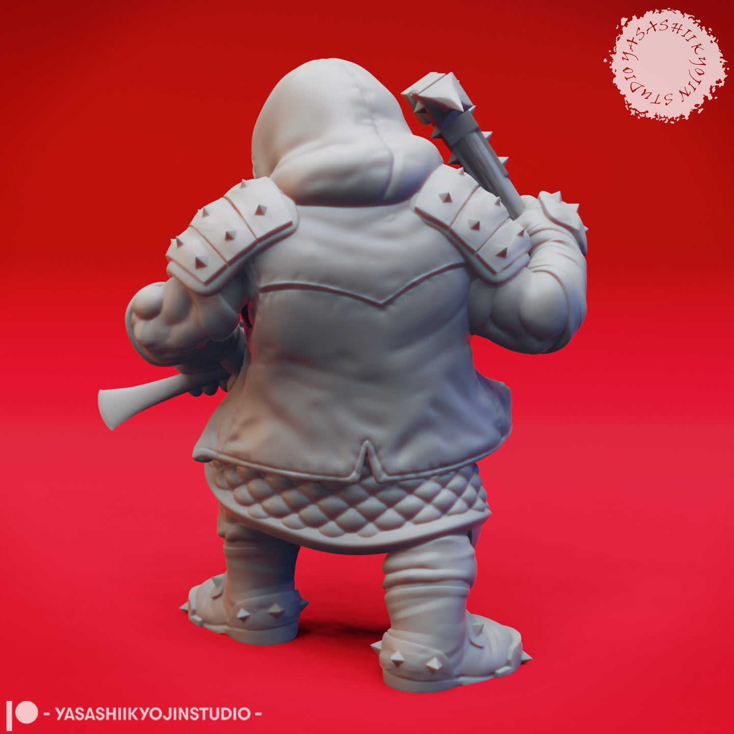 Rear view of the same unpainted grey resin Duergar warrior miniature, showing spiked pauldrons, quilted back armour, studded greaves, and the long-barrelled weapon visible over his left shoulder