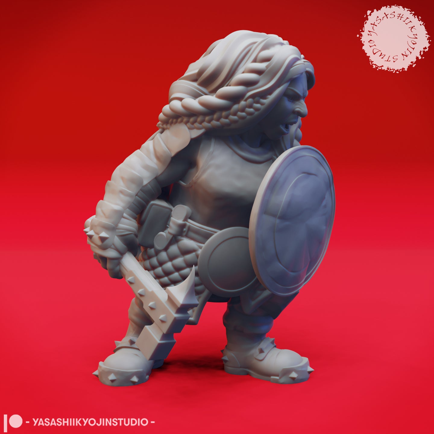 Three-quarter side view digital render of the same unpainted grey Duergar warrior miniature, showing the spiked pauldrons, quilted armour detail, round shield, and the heavy axe gripped low, with braided hair cascading over the shoulder