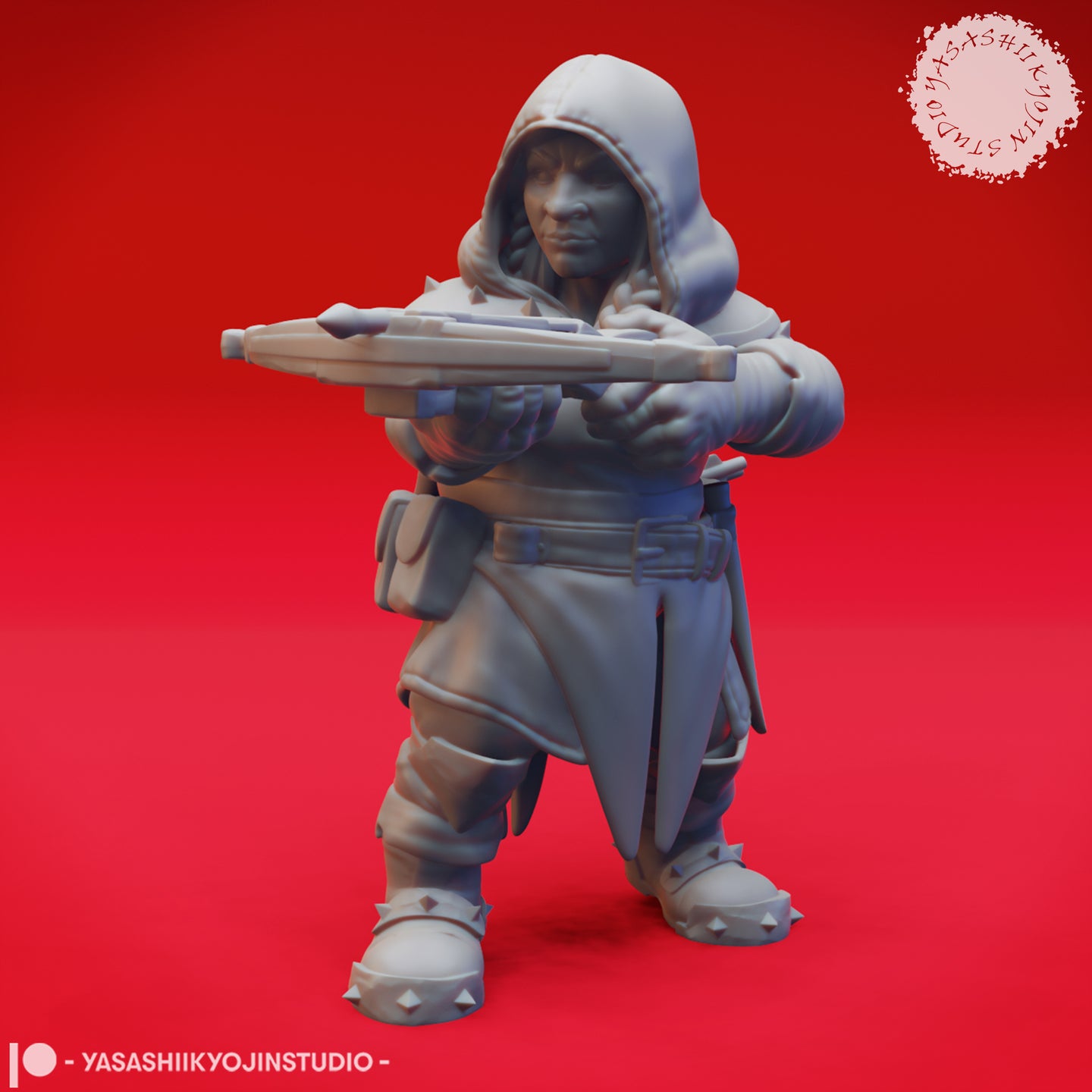 Front-facing render of an unpainted grey Duergar crossbowman miniature at 32mm scale, hooded with a deep fabric cowl, aiming a crossbow straight ahead, wearing a layered travelling coat, spiked sabatons, studded knee guards, and a belt with utility pouches